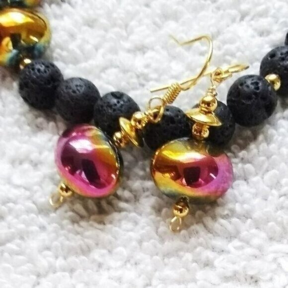 GIFT SET! Magenta Rose Gold + Lava Rock Beads ~ Vibrant Bold Bracelet + Earrings - Picture 5 of 12